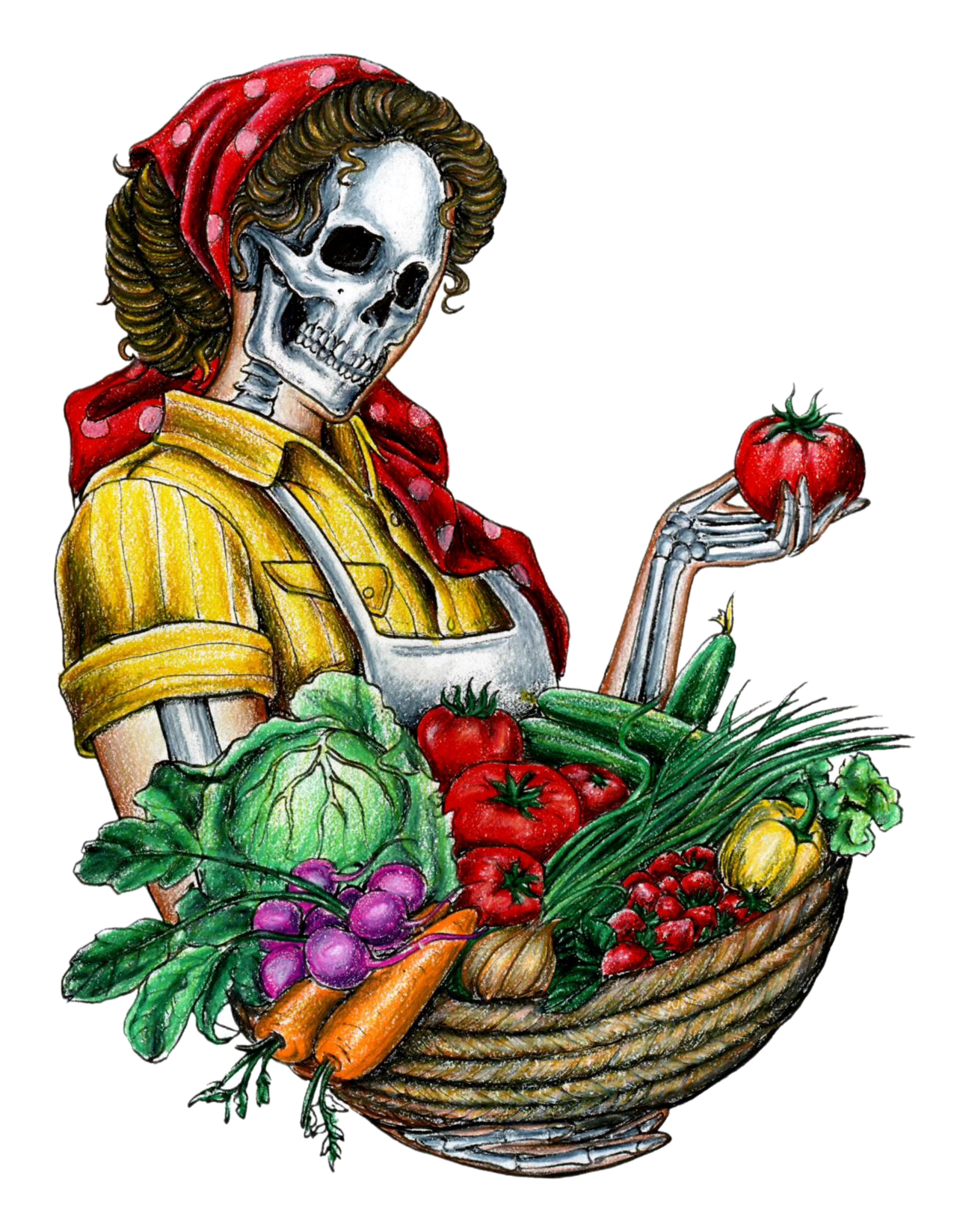 Illustrated skeleton woman in a red polka-dot headscarf and yellow shirt, holding a tomato over a basket of vegetables